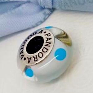 Genuine Pandora Murano Glass Bead White with Teal Polka Dots 790608 - retired